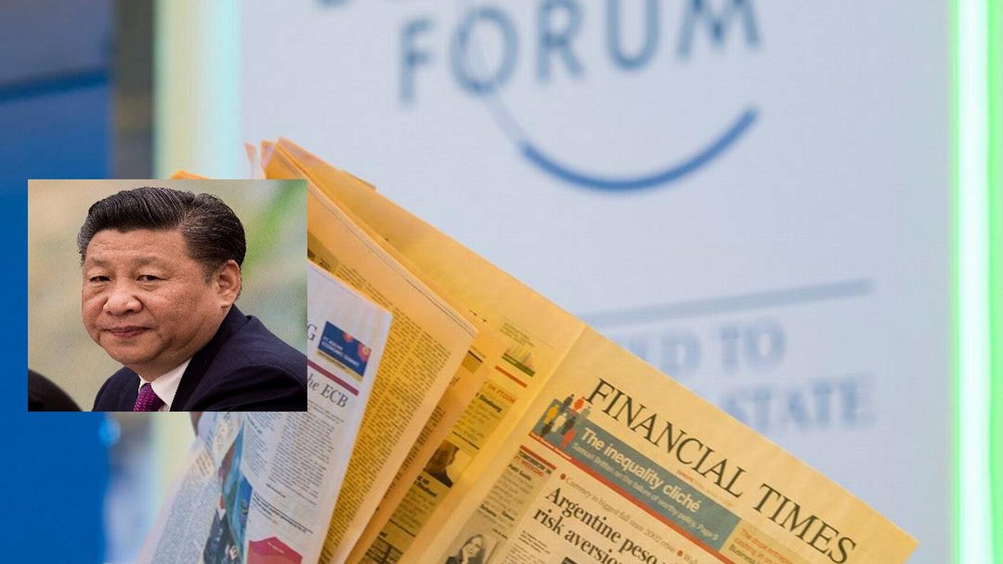 Uno fra i giornali che sarà più letto a Davos e, nel riquadro, Xi Jinping
