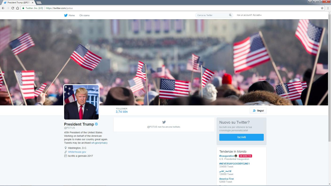 La pagina Twitter del nuovo presidente (che non ha ancora postato nulla)