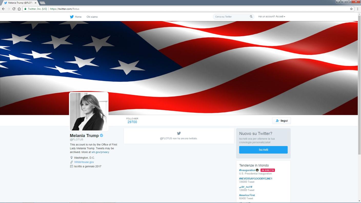 Anche Melania, come Donald in veste di @POTUS, non ha ancora twittato con il nuovo account @FLOTUS