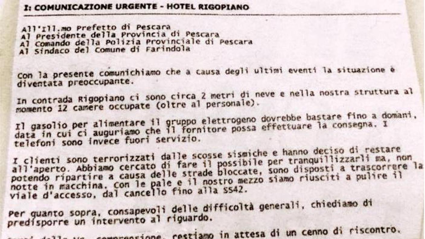 La mail di richiesta dei soccorsi inviata dal direttore