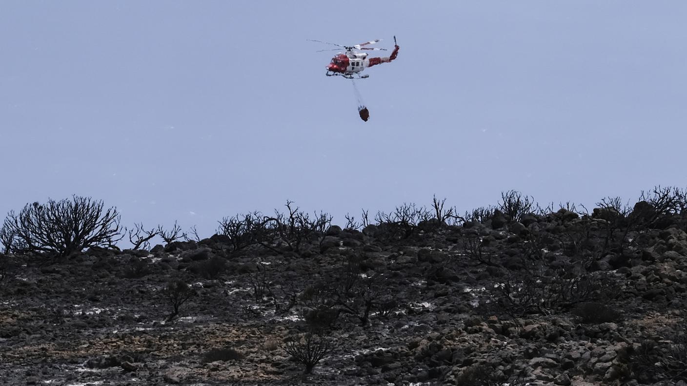 Un elicottero in azione sopra una zona boschiva totalmente carbonizzata a Tenerife