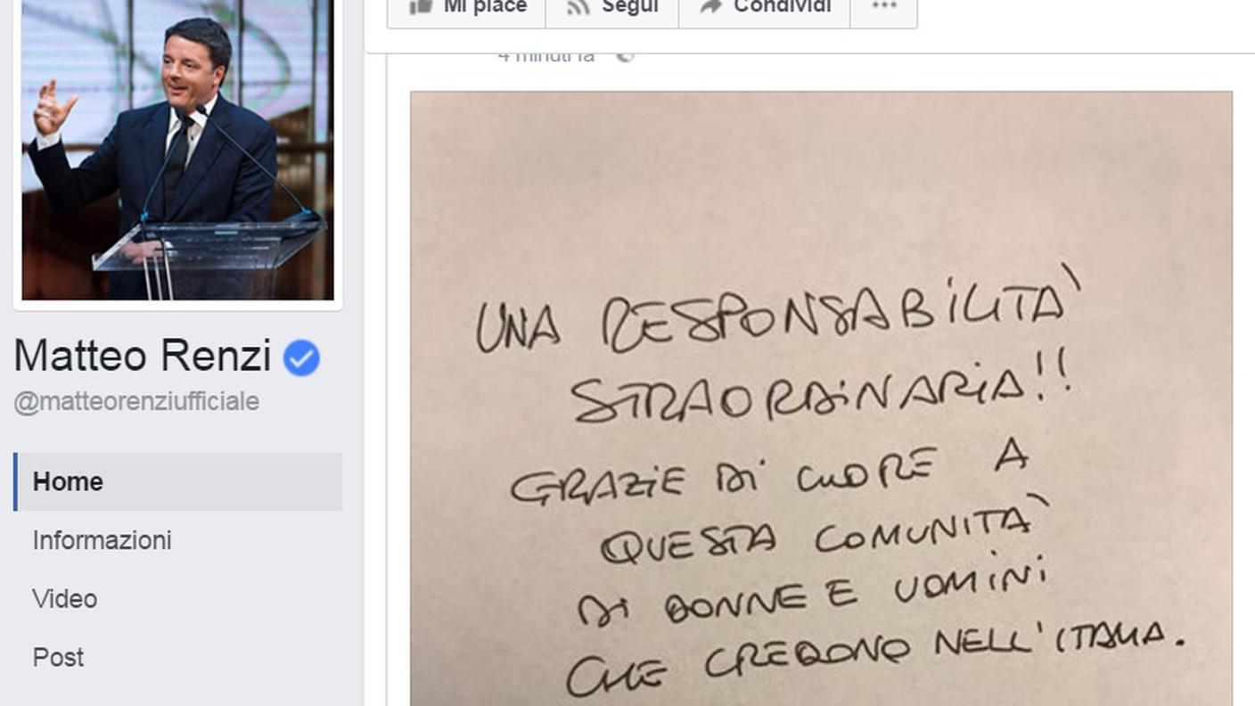 "Grazie a tutti", Matteo Renzi su Facebook (clicca sull'immagine per ingrandirla)