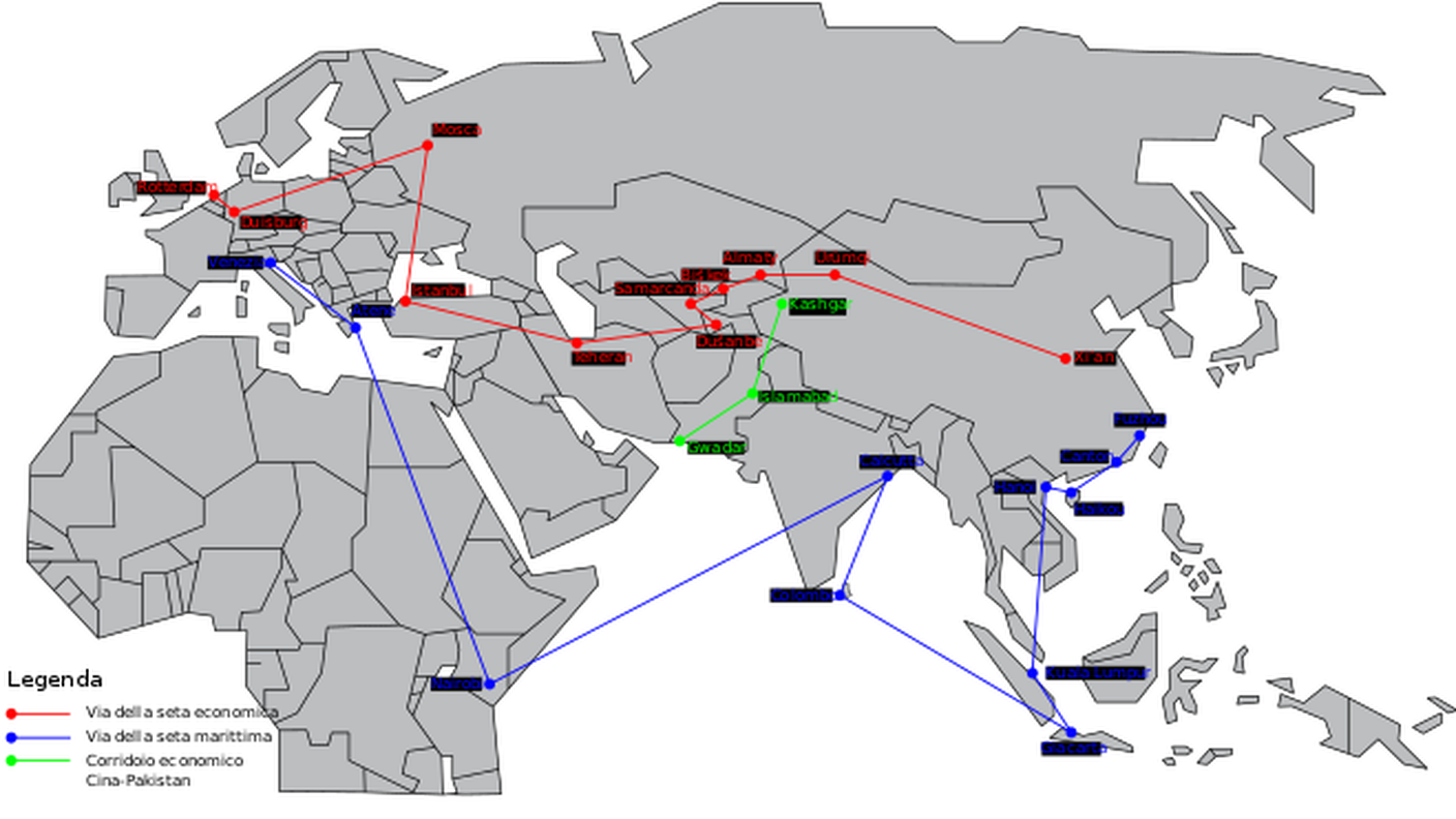 Dall'Asia all'Europa: la nuova "Via della Seta", con il progettato percorso terrestre qui evidenziato in rosso