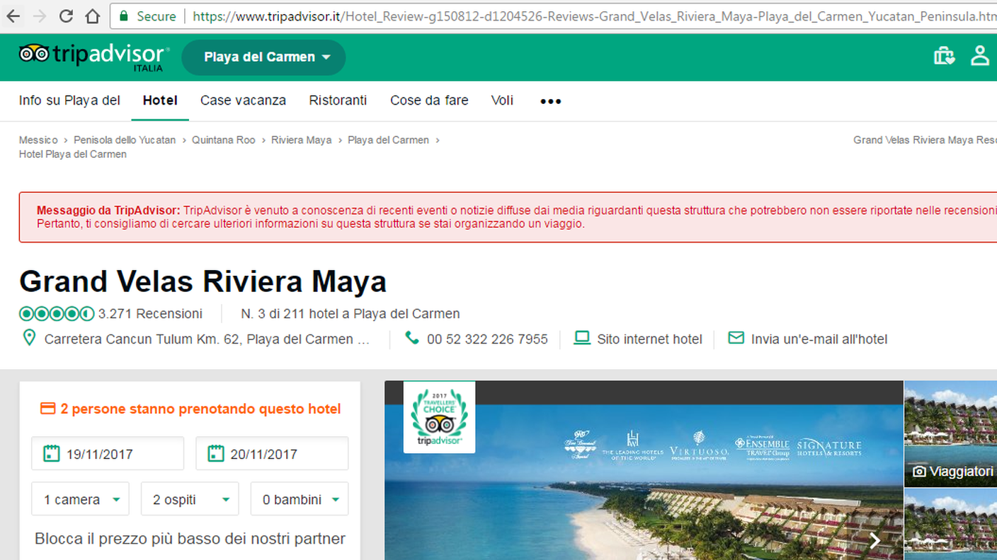 Il messaggio che segnala gli hotel o i resort dove si sono verificate molestie o aggressioni sessuali