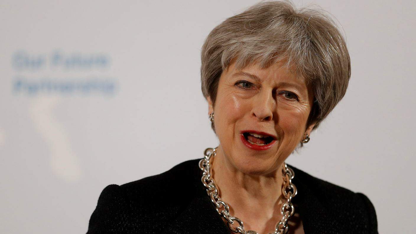 La premier britannica Theresa May durante il suo discorso di venerdì a Londra