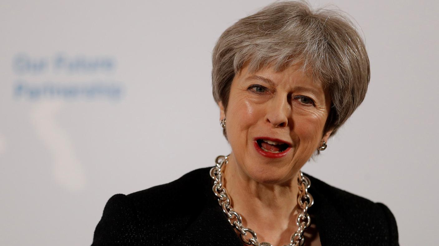 La premier britannica Theresa May durante il suo discorso di venerdì a Londra