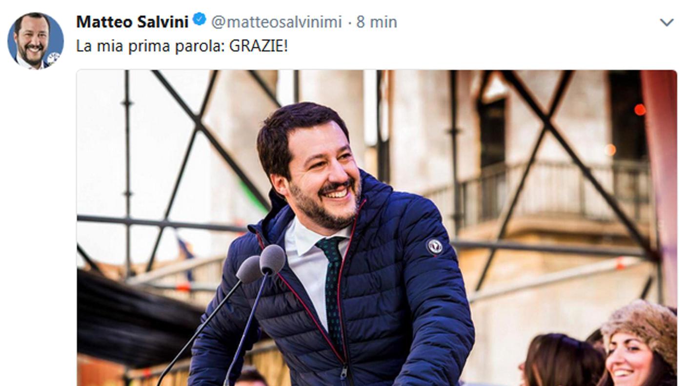 Il tweet di Salvini dopo le prime proiezioni