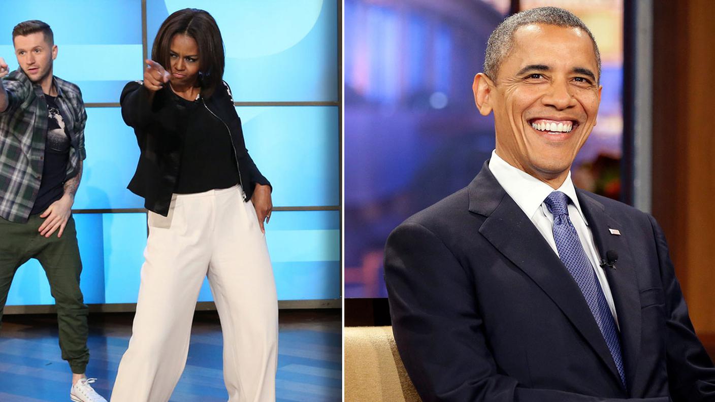 Una coppia fotogenica: l'ex first lady all'Ellen DeGeneres Show e Barack Obama al The Tonight Show