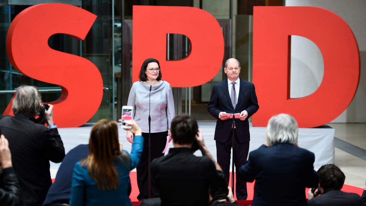 La presidente in pectore dei socialdemocratici (SPD), Andrea Nahles e il commissario Olaf Scholz