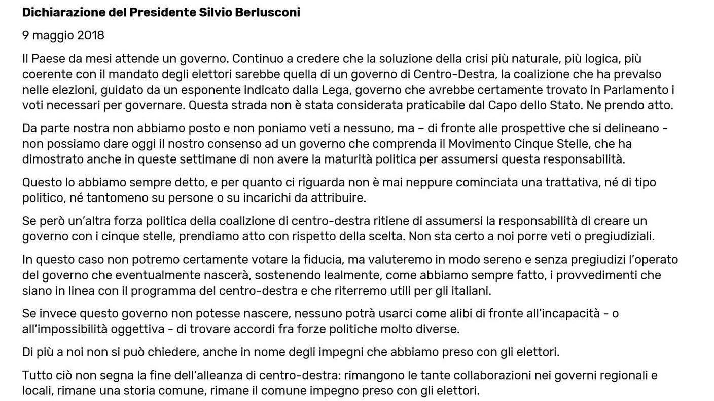 La nota stampa diffusa mercoledì sera da Silvio Berlusconi