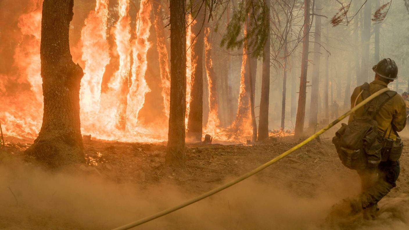 Un pompiere lotta contro le fiamme nello Yosemite National Park venerdì pomeriggio