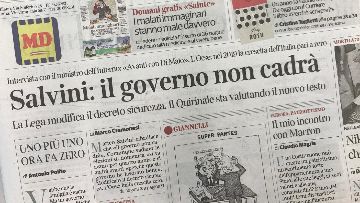 La prima pagina del Corsera