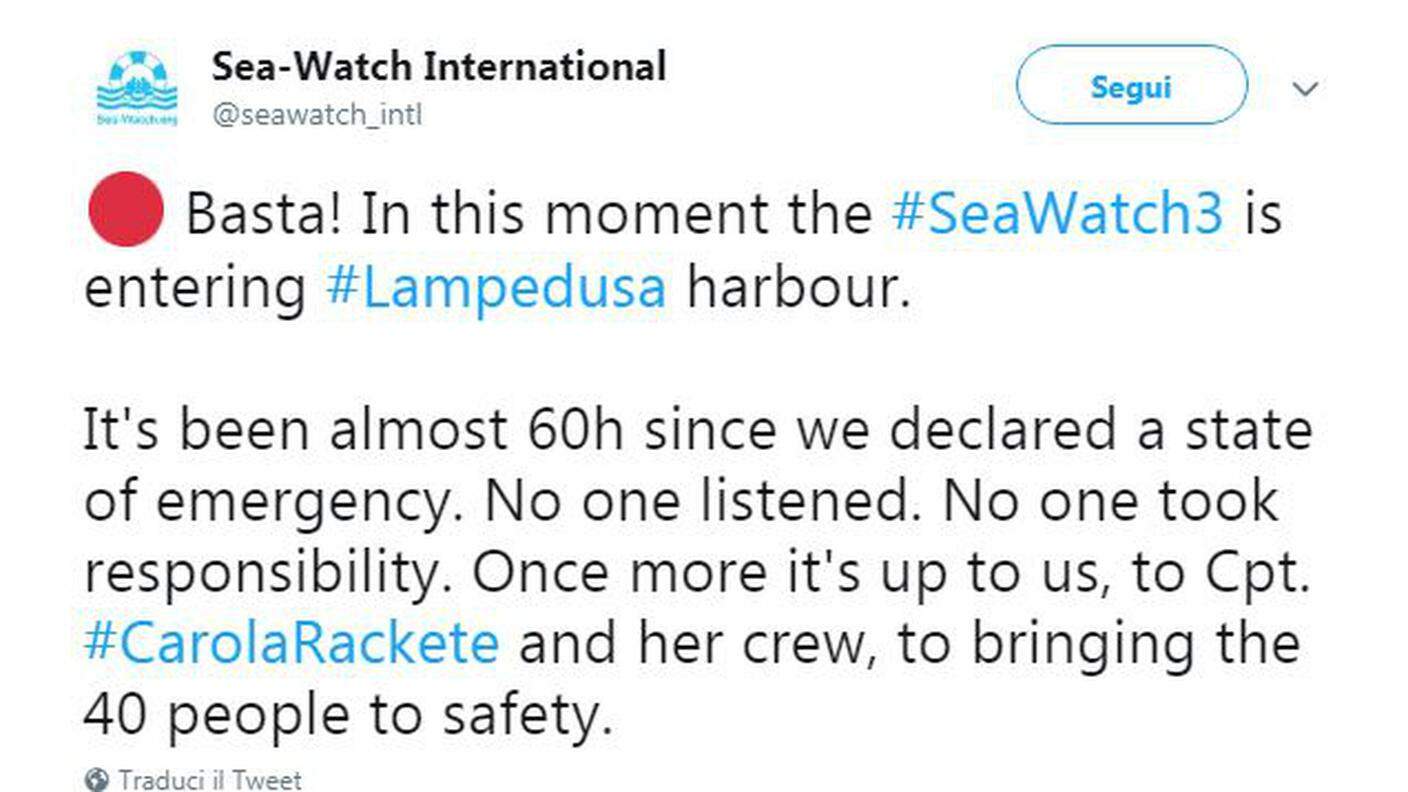 Il Tweet di Sea Watch 