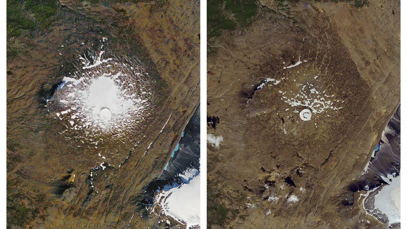 La scioglimento del ghiacciaio nel 1986 (a sx) e nel 2019 a (dx)