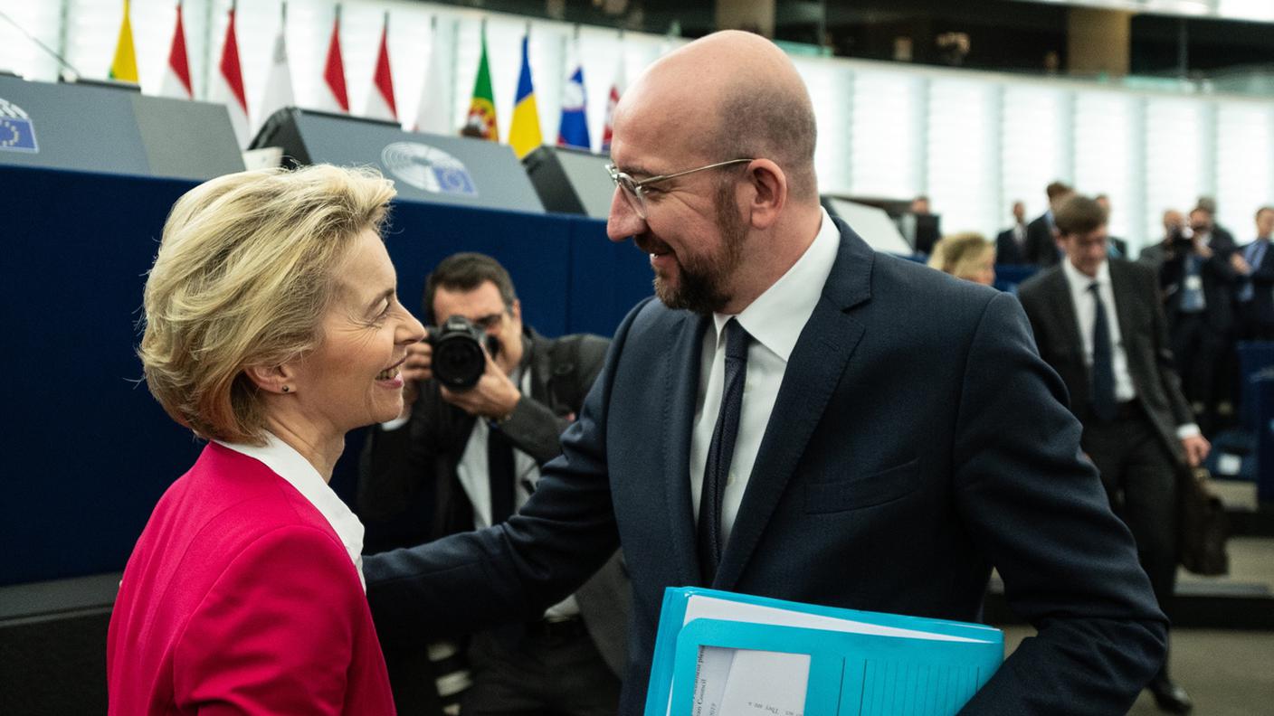 Von der Leyen e Michel, da sinistra a destra, qui in margine ad una recente seduta dell'Europarlamento