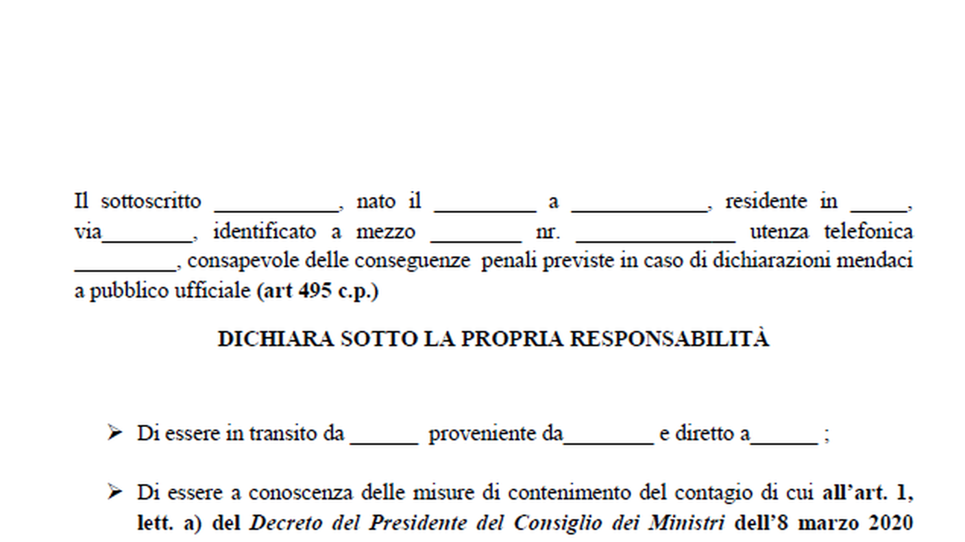 Coronavirus: il modulo di autocertificazione per spostarsi dalla Lombardia