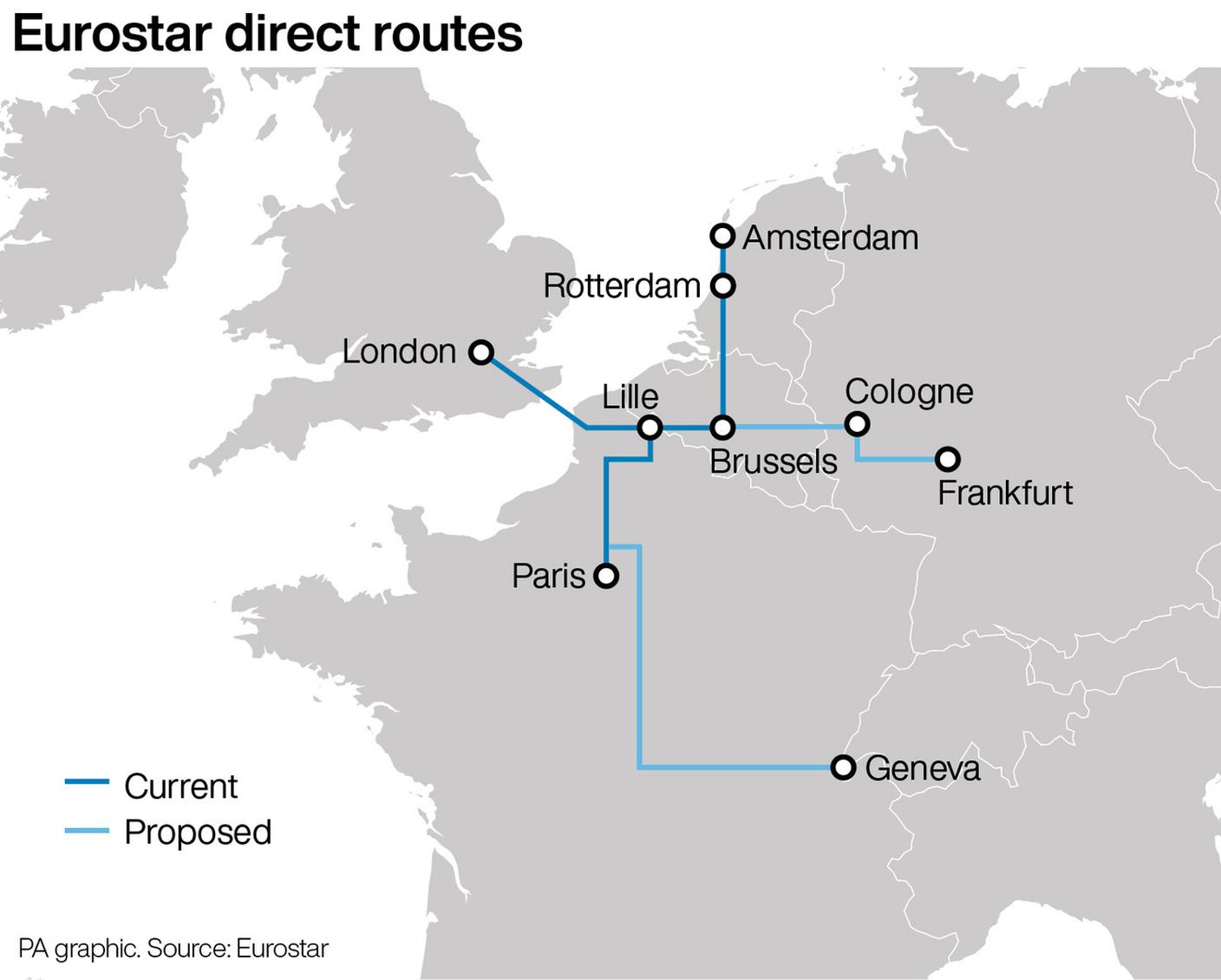 La rete Eurostar con le future destinazioni