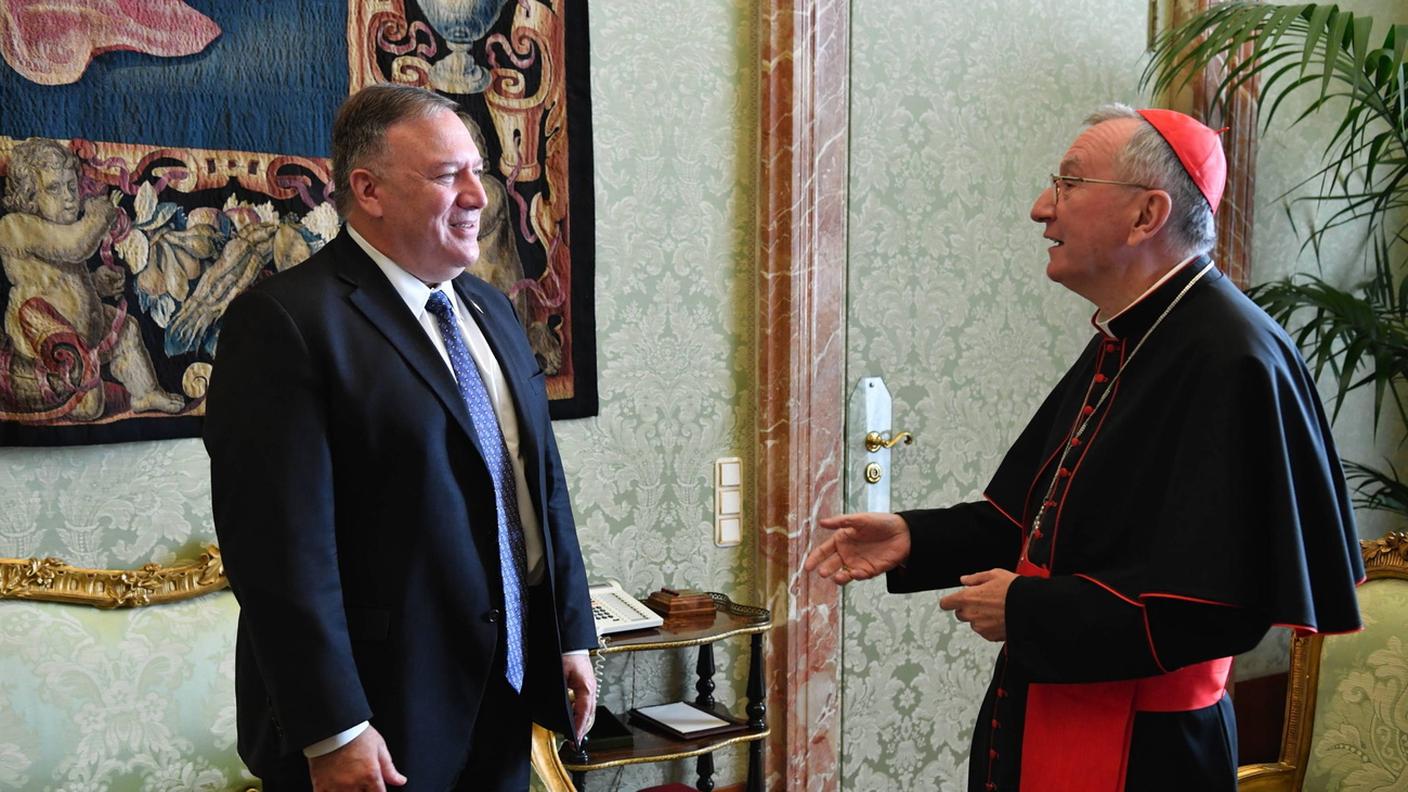 Mike Pompeo e il cardinale Pietro Parolin durante l'incontro del 1° ottobre