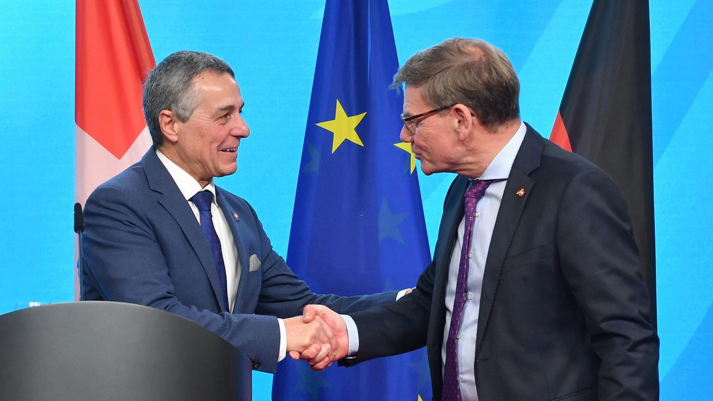 Il consigliere federale Ignazio Cassis ed il ministro degli esteri tedesco Johann Wadephul a Berlino