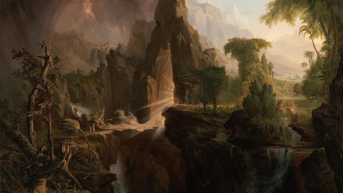 Il mito dell’allontanamento dalla natura attraversa da secoli l’immaginario occidentale. Il quadro è di Thomas Cole, “La cacciata dal Giardino dell'Eden” (1828).
