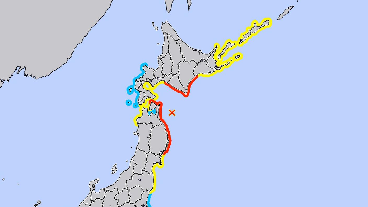 L'epicentro del sisma e l'area interessata dall'allerta tsunami (maggiore nelle aree rosse)