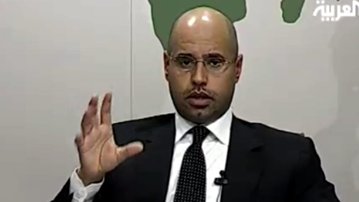 Un'immagine tratta dal canale TV Al-Arabiya del 21 febbraio 2011 mostra Saif al-Islam Gheddafi