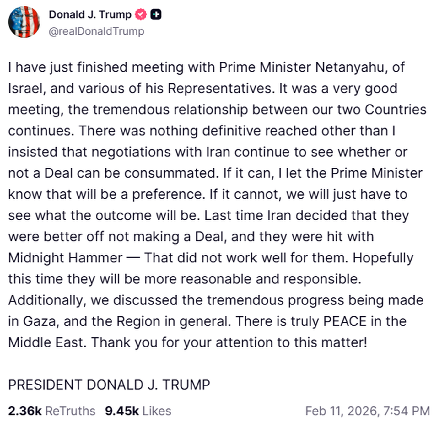 Il post di Trump su Truth