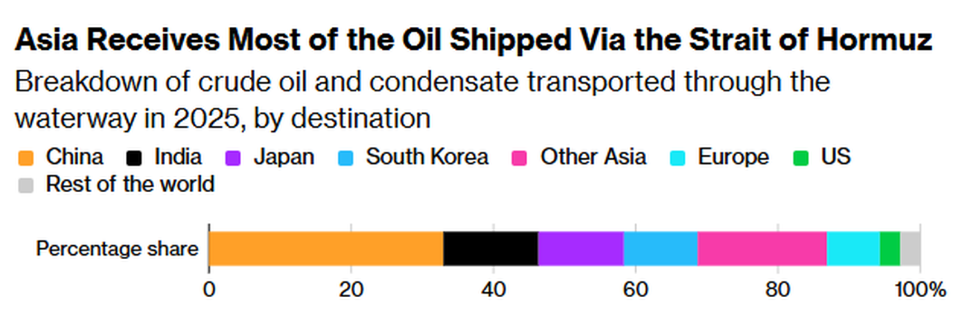 Ripartizione del petrolio greggio e del gas condensato, trasportati attraverso la via d'acqua nel 2025, per destinazione. Dati di tracciamento delle navi raccolti da Bloomberg.