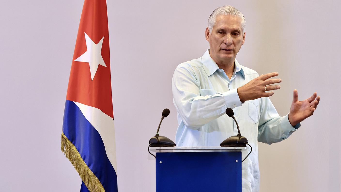 Il presidente cubano Miguel Diaz-Canel durante la conferenza stampa del 13 marzo all'Avana