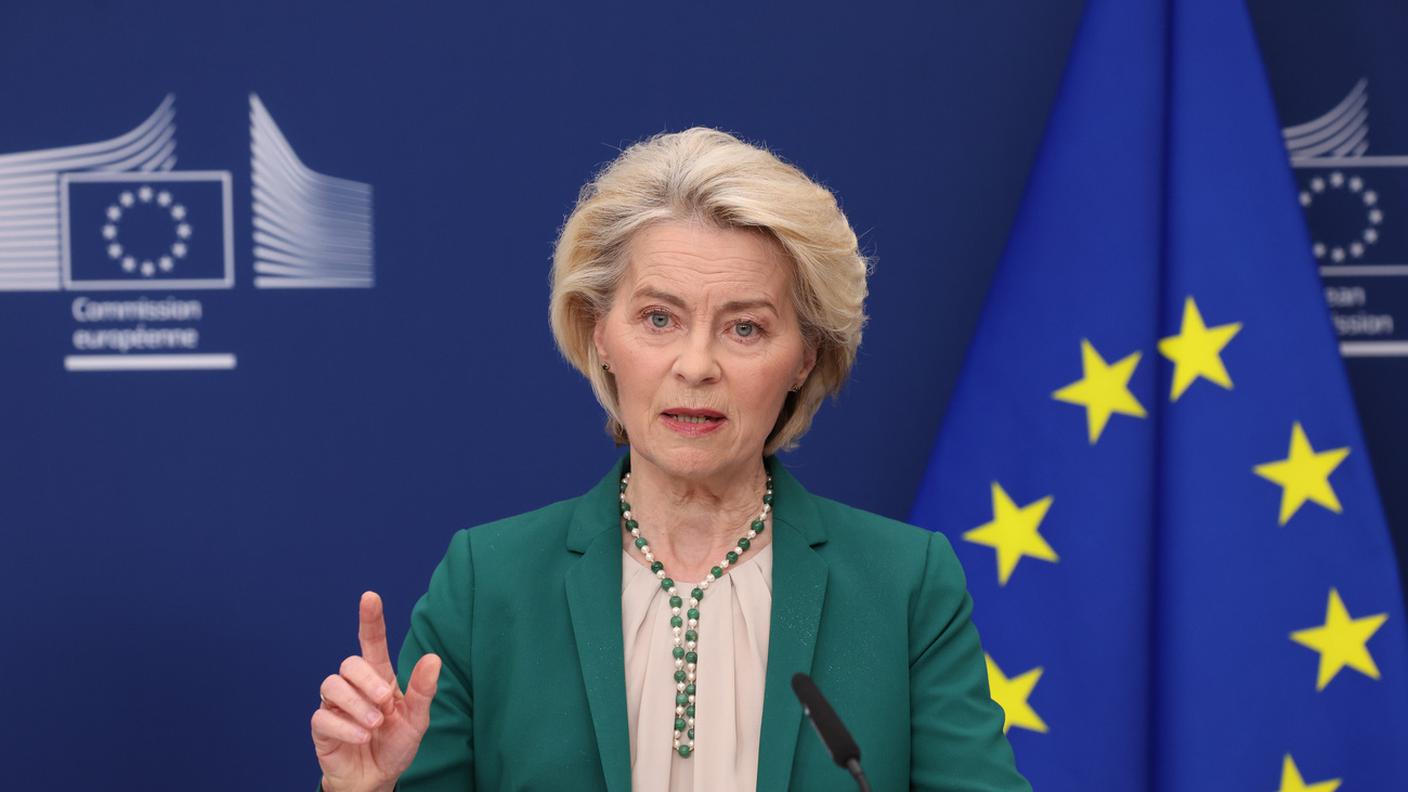 Ursula von der Leyen, qui ripresa in un momento della conferenza stampa di oggi a Bruxelles