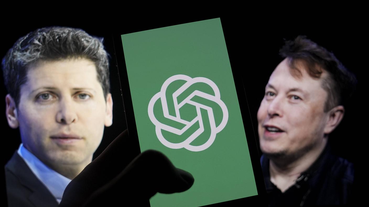 I due avversari nel processo in corso: da sinistra, Sam Altman ed Elon Musk. Nel mezzo l'ormai noto logo di Open AI