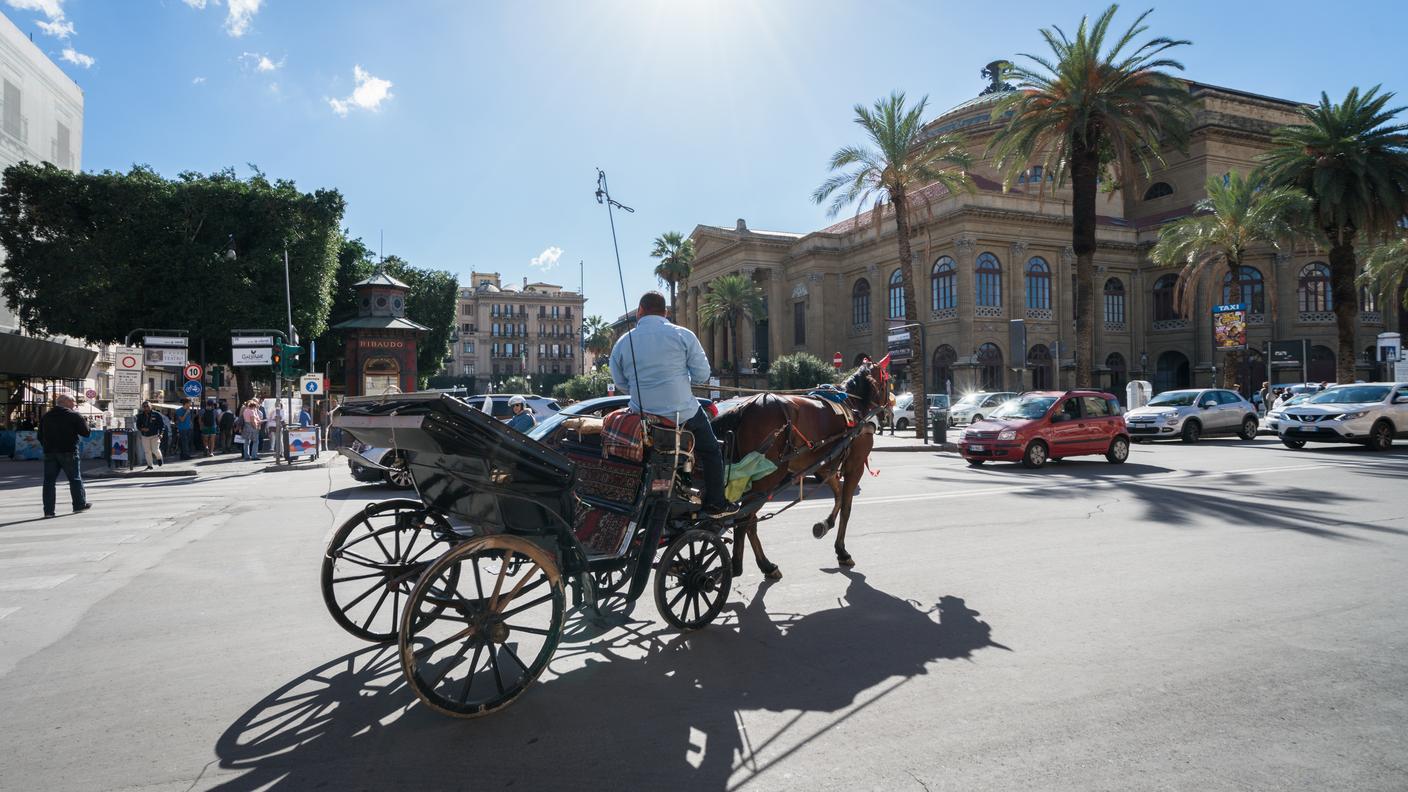 Una carrozza trainata da un cavallo nei pressi del Teatro Massimo, a Palermo