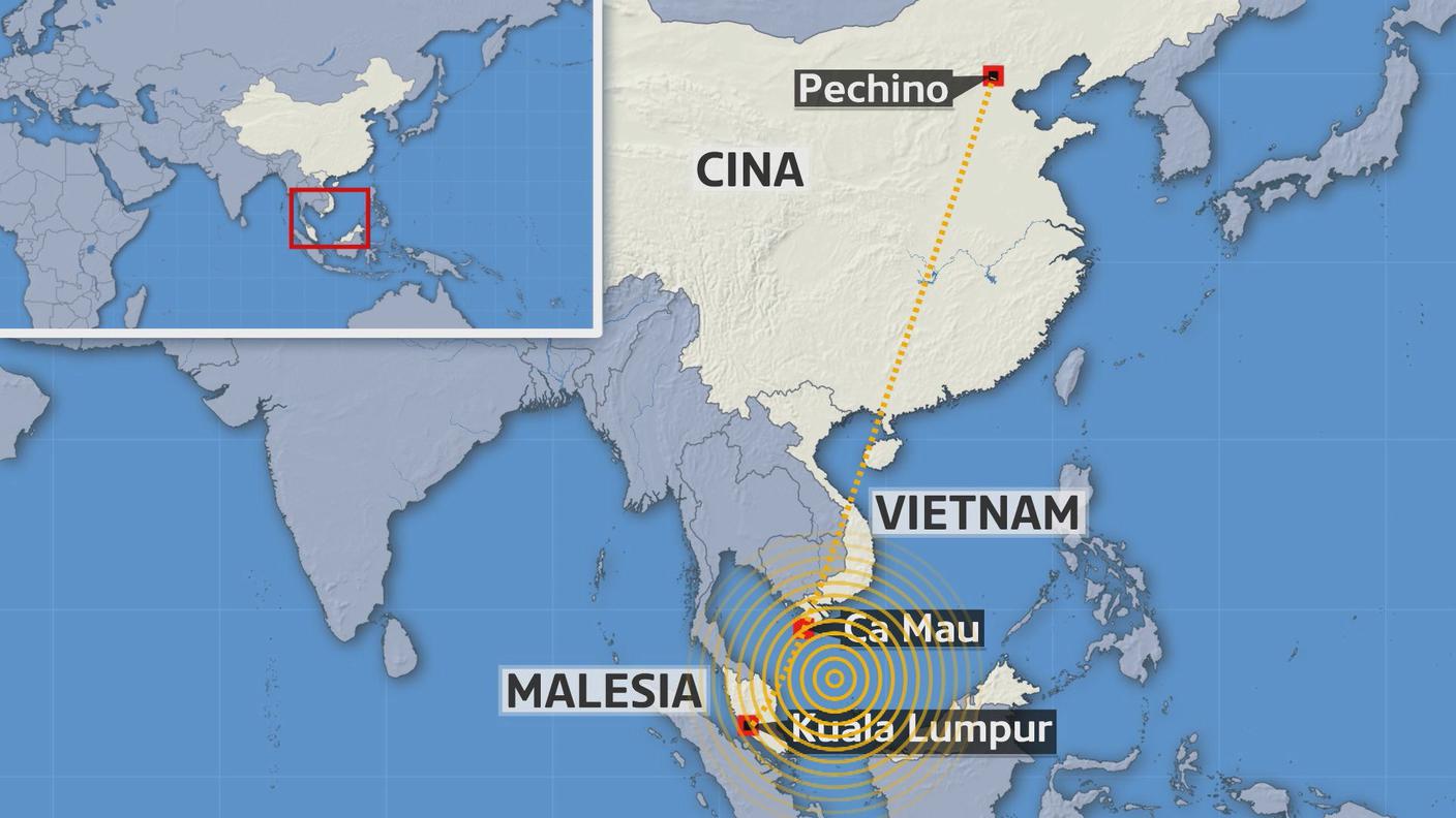 La rotta che il volo MH370 doveva seguire da Kuala Lumpur a Pechino