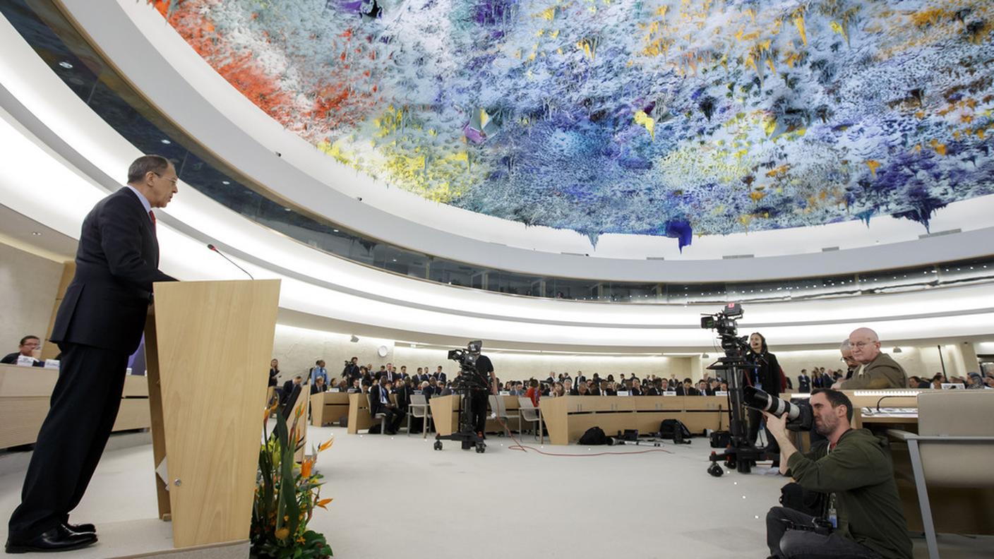 Sergei Lavrov, lunedì a Ginevra, durante il suo intervento all'ONU