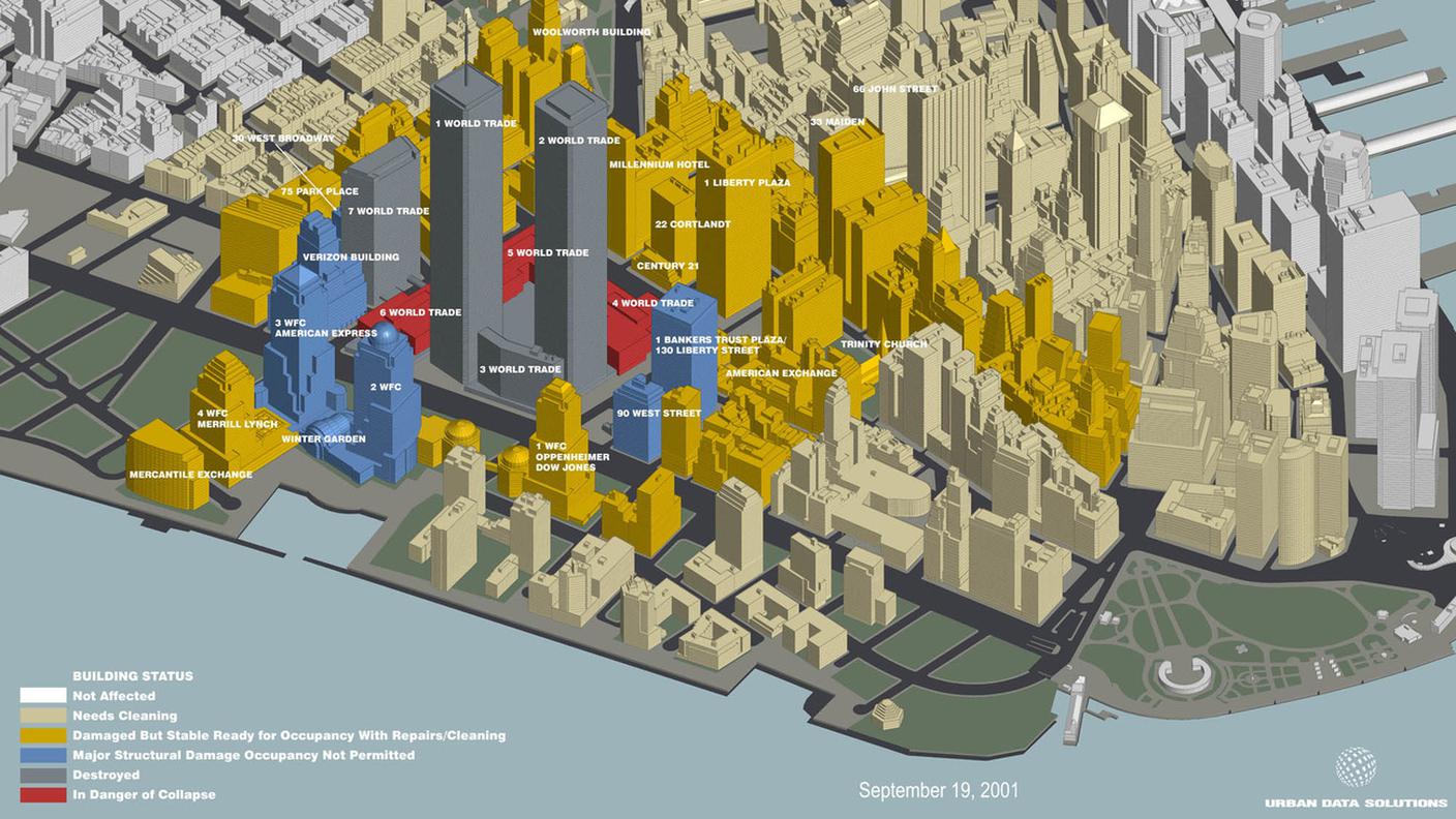 I differenti livelli di distruzione e instabilità degli edifici nelle rilevazioni del 19/9/2001