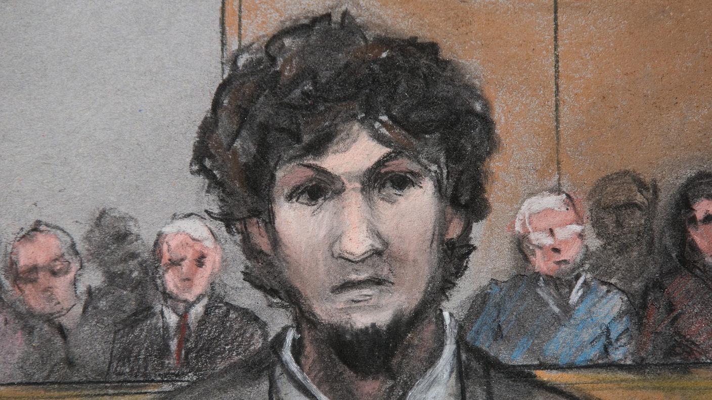 Djokhar Tsarnaev, l'attentatore di Boston, qui raffigurato in un disegno all'epoca del primo processo a suo carico nel 2015