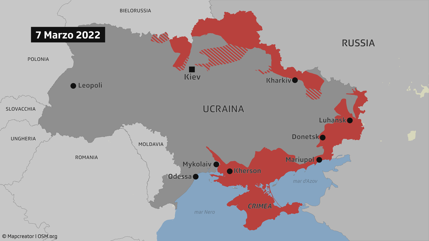 L'avanzata russa in Ucraina (in rosso le zone sotto il controllo di Mosca)