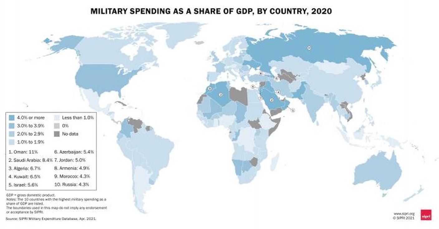 La quota di spesa militare rispetto al PIL nel 2020
