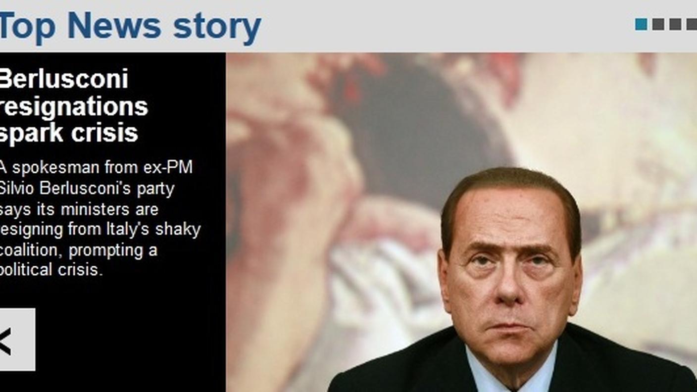 La notizia delle dimissioni di tutti i ministri del Popolo della Libertà  dal Governo italiano ha fatto il giro di tutta Europa. Di seguito trovate le prime pagine dei principali quotidiani online dopo l'annuncio di Alfano. Qui la homepage della inglese BBC