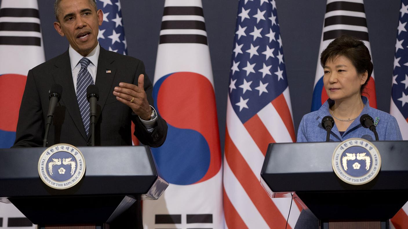 Il presidente statunitense Barack Obama e la presidentessa della Corea del Sud Park Geun-hye a Seul, 25 aprile