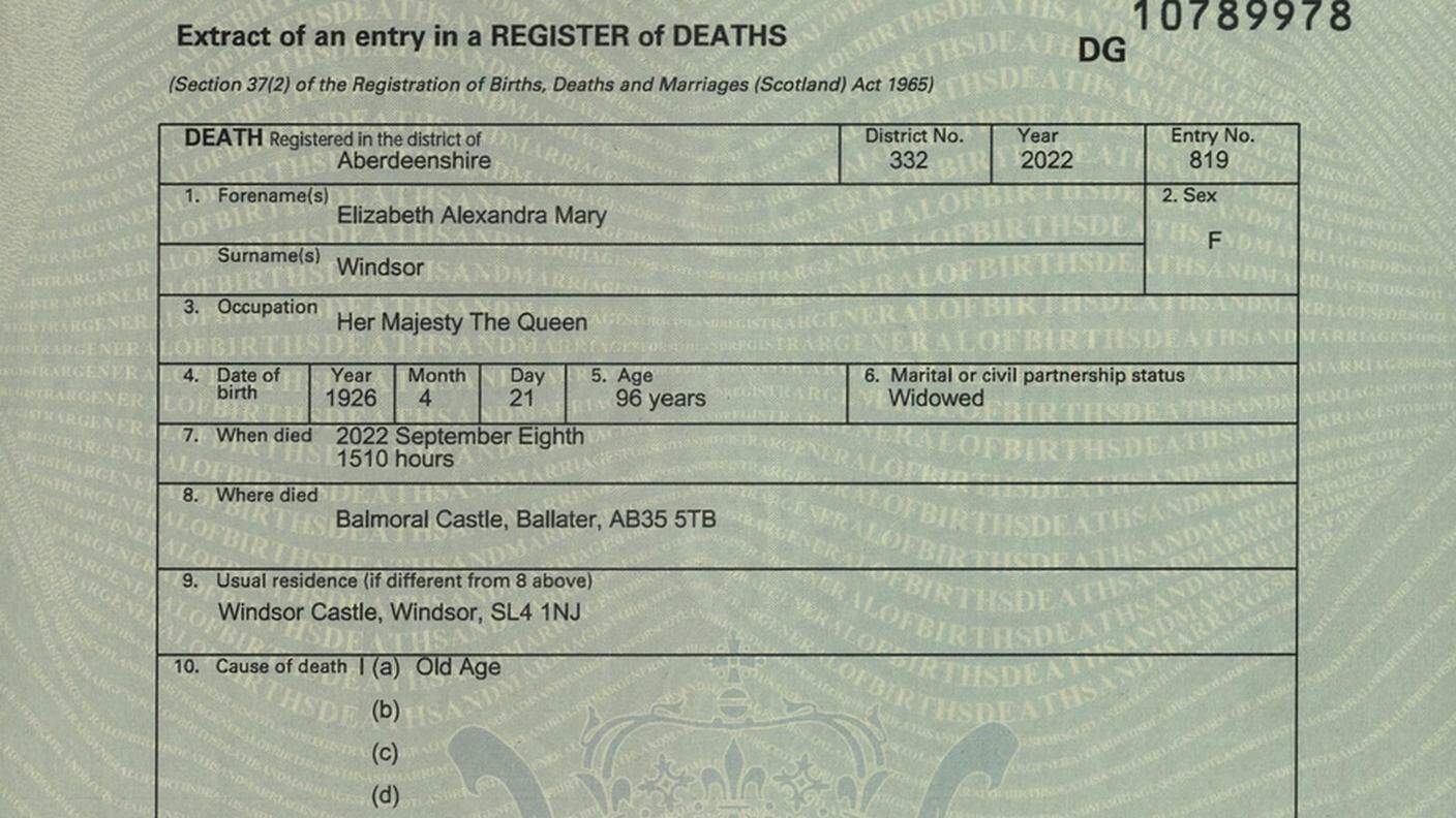 Il certificato di morte di Elizabeth Alexandra Mary Windsor, "Sua maestà la regina"