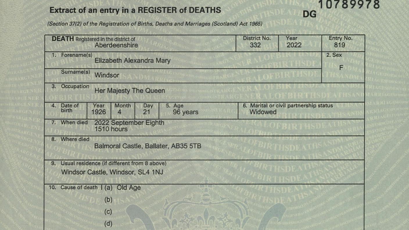 Il certificato di morte di Elizabeth Alexandra Mary Windsor, "Sua maestà la regina"