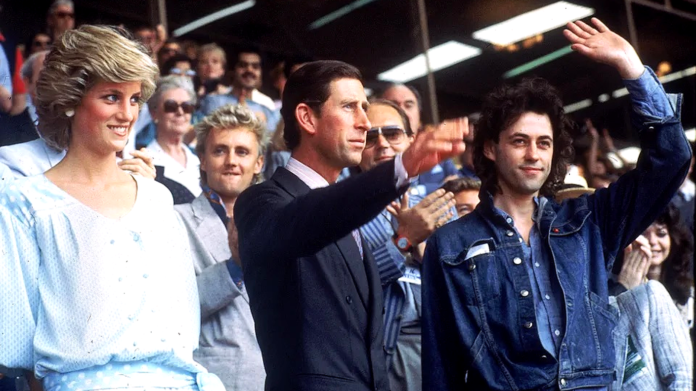 La principessa Diana con Carlo e Bob Geldof a Wembley per il Live Aid