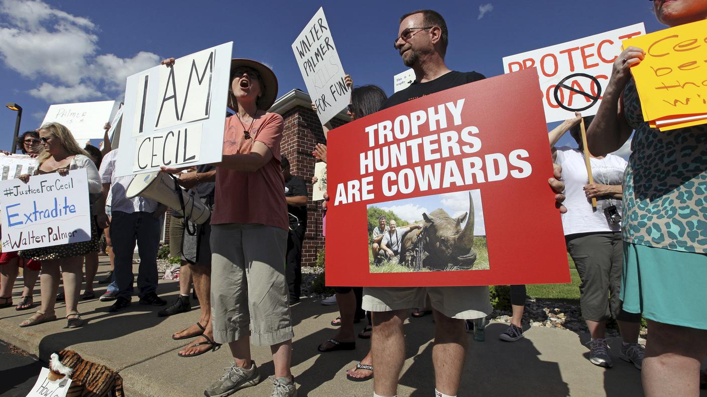 Le proteste davanti allo studio di Walt Palmer a Bloomington, Minnesota