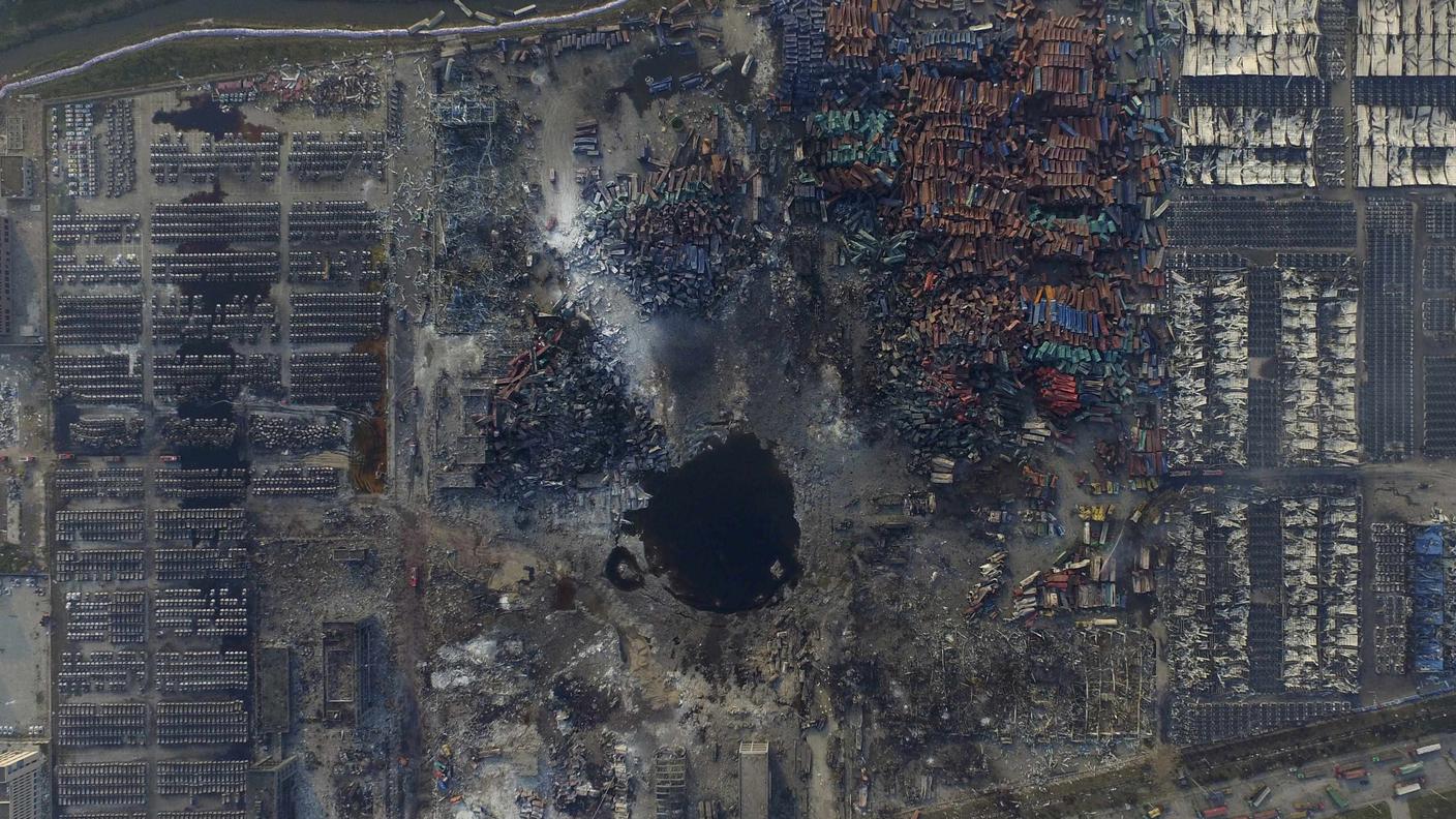 La zona della devastazione a Tianjin, ripresa in un'immagine aerea