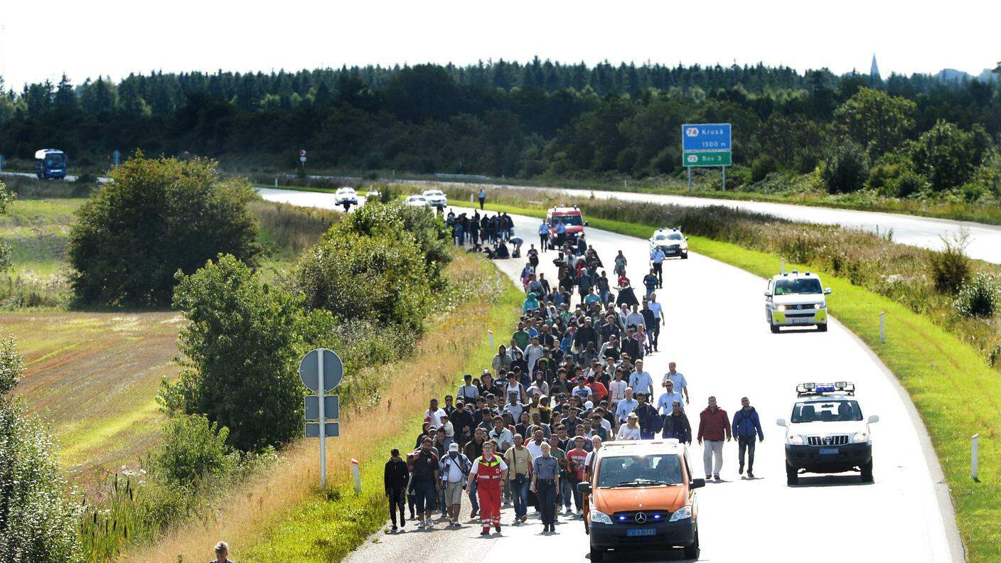 Le centinaia di migranti sull'autostrada danese che porta in Svezia