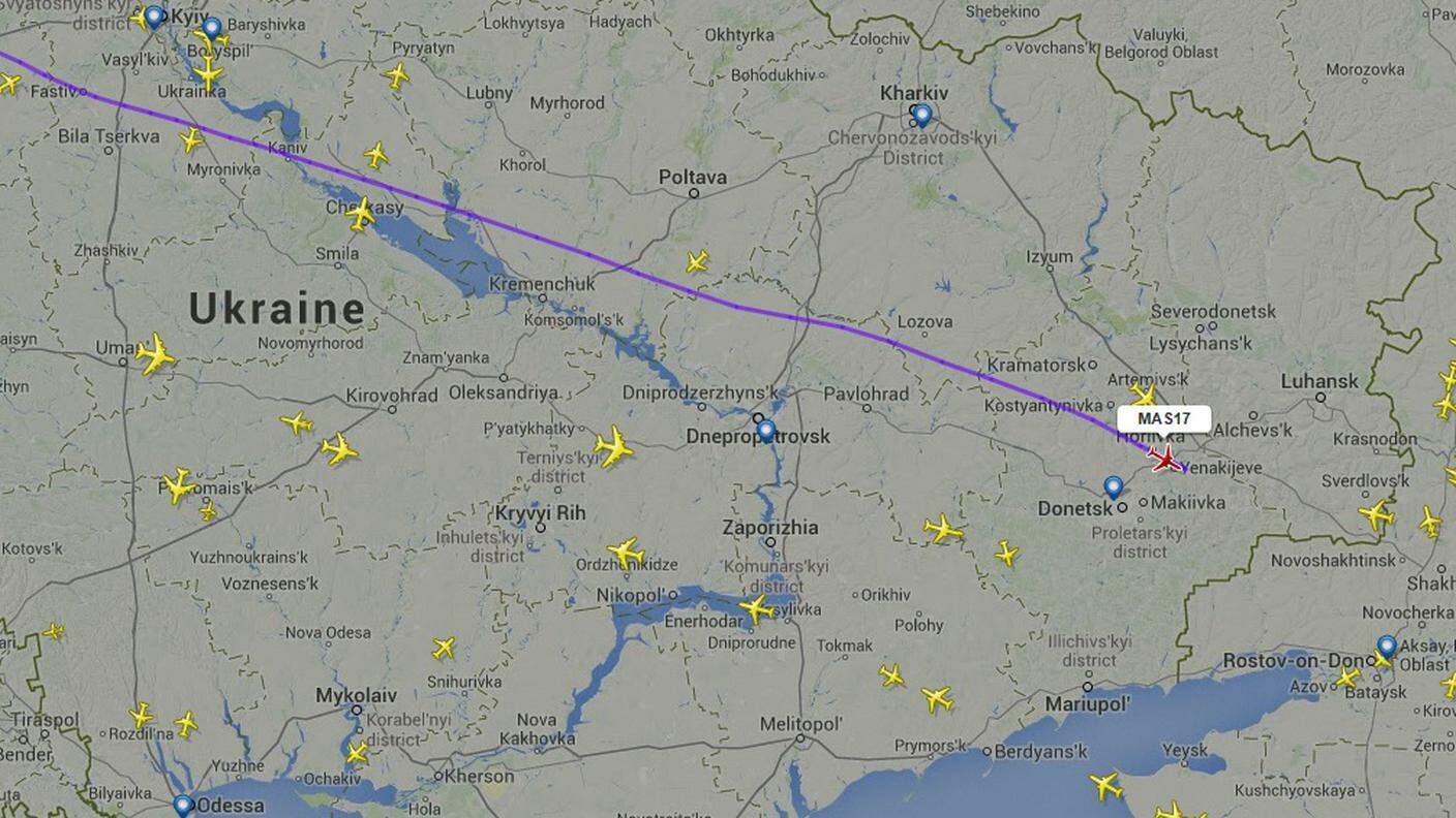 La rotta sul territorio ucraino seguita dal volo MH17. 