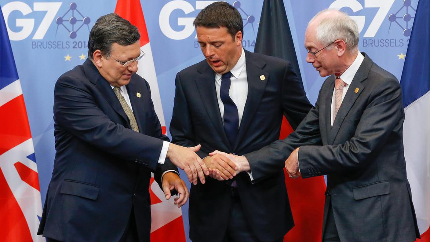 Jose Manuel Barroso, Matteo Renzi e Herman Van Rompuy al G7 di giugno