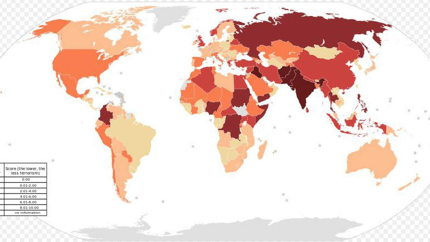 I dati del GTI: più il rosso è scuro, più il paese è scosso da attentati