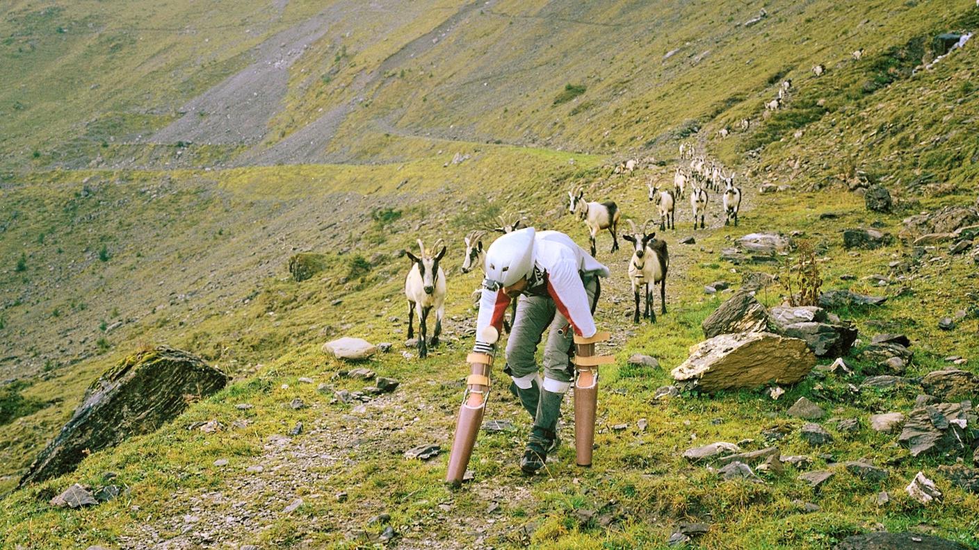 Thomas Thwaites in mezzo alle capre in Svizzera